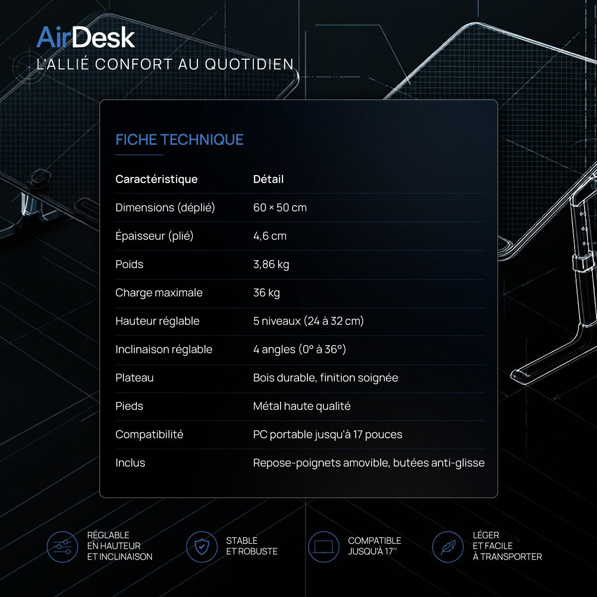 Airdesk® Table de télétravail pliante ergonomique