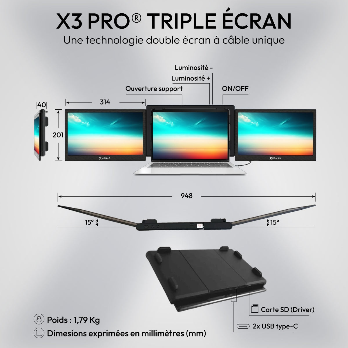 X3 Pro® Double Écran Portable 13,3" - Confort & Productivité