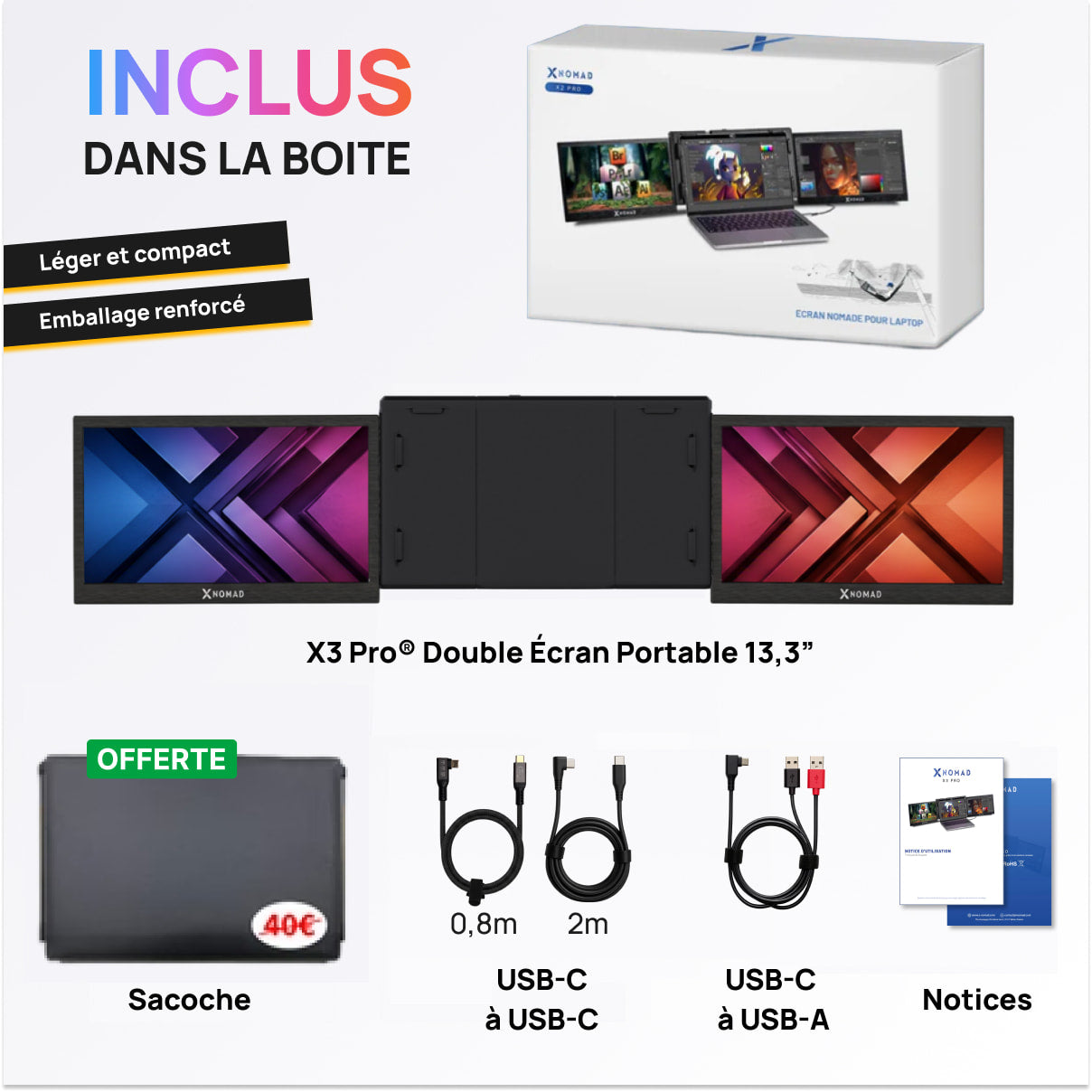 X3 Pro® Double Écran Portable 13,3" - Confort & Productivité.